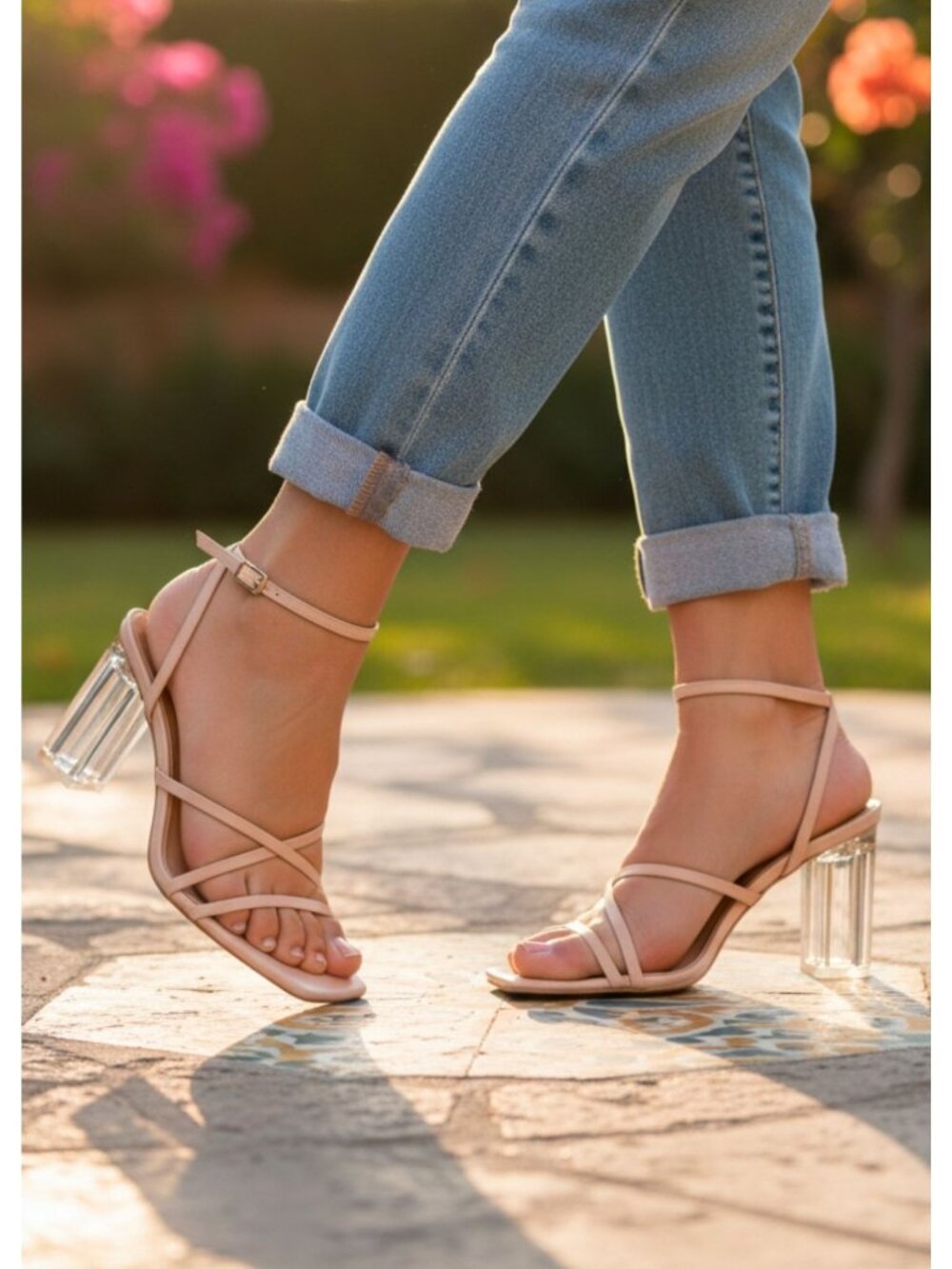 Strappy Nude Sandals With Clear Block Heels - Elegant & Versatile Design For Wom